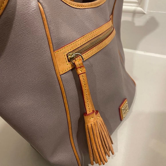 Dooney and Bourke gray & tan leather double strap zipper tassel shoulder bag - Picture 6 of 16